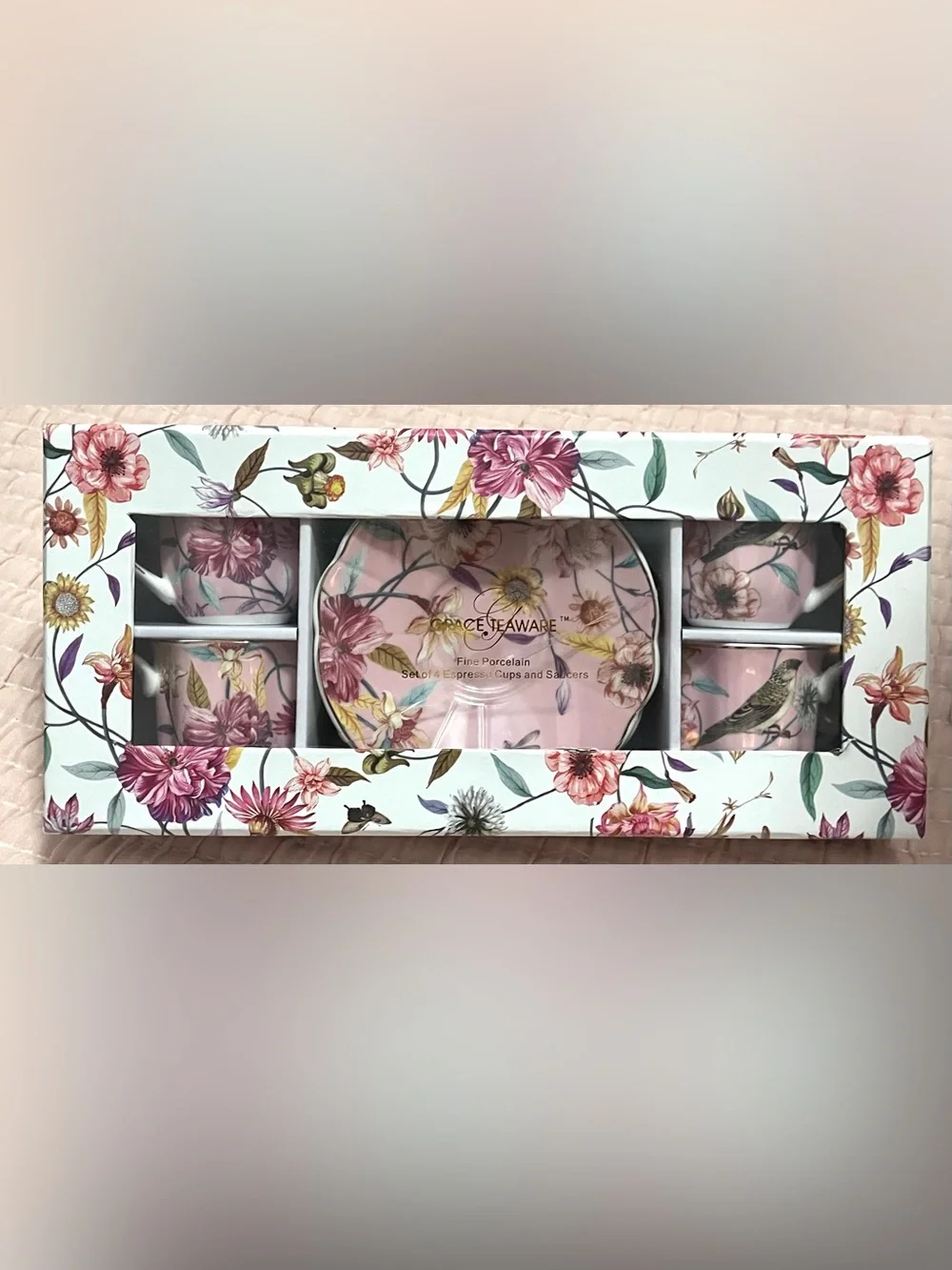 Grace Teaware Floral Porcelain espresso coffee Tea Set Pink floral flowers bird